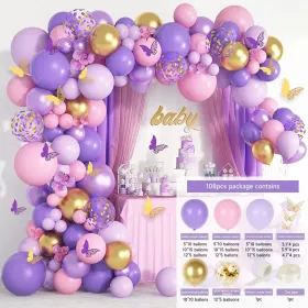Purple Pink Butterfly Balloon Garland Arch Kit, Butterfly Baby Shower Decorations For Girl Women, Pink And Purple Gold Confetti Balloons For Birt (Option: polychrome)