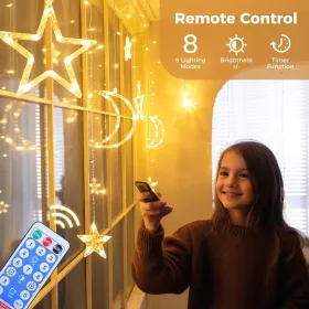 Ramadan Solar Icicle Lights,Outdoor Waterproof Moons Stars Curtain Window String With 8 Modes Timer Remote,USB Rechargeable Connectable Warm Whit (Option: 1PCS)
