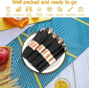 50 Pack Pre Rolled Rose Gold Plastic Silverware Set,Wrapped Plastic Cutlery Set With Napkin Include 50 Forks,50 Spoons,50 Knives And 50 Black Nap (Option: 50packBlackRoseRed)