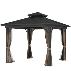 10 X 10 Hardtop Gazebo With Aluminum Frame, Metal Roof Gazebo Canopy W Hook, Curtains Included, Dark Brown (Option: Dark Brown)